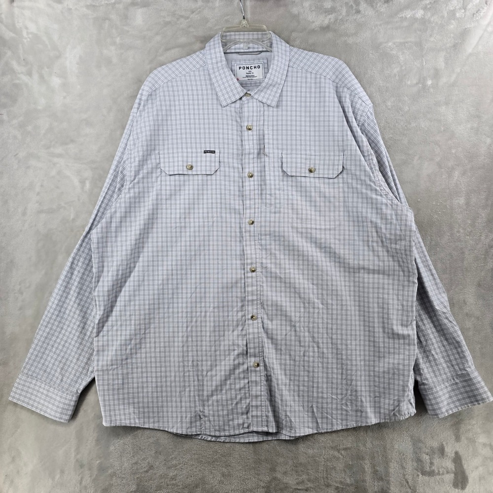 Poncho Outdoors Shirt Mens XXL Gray Plaid Magnetic Pockets Long Sleeve Regular